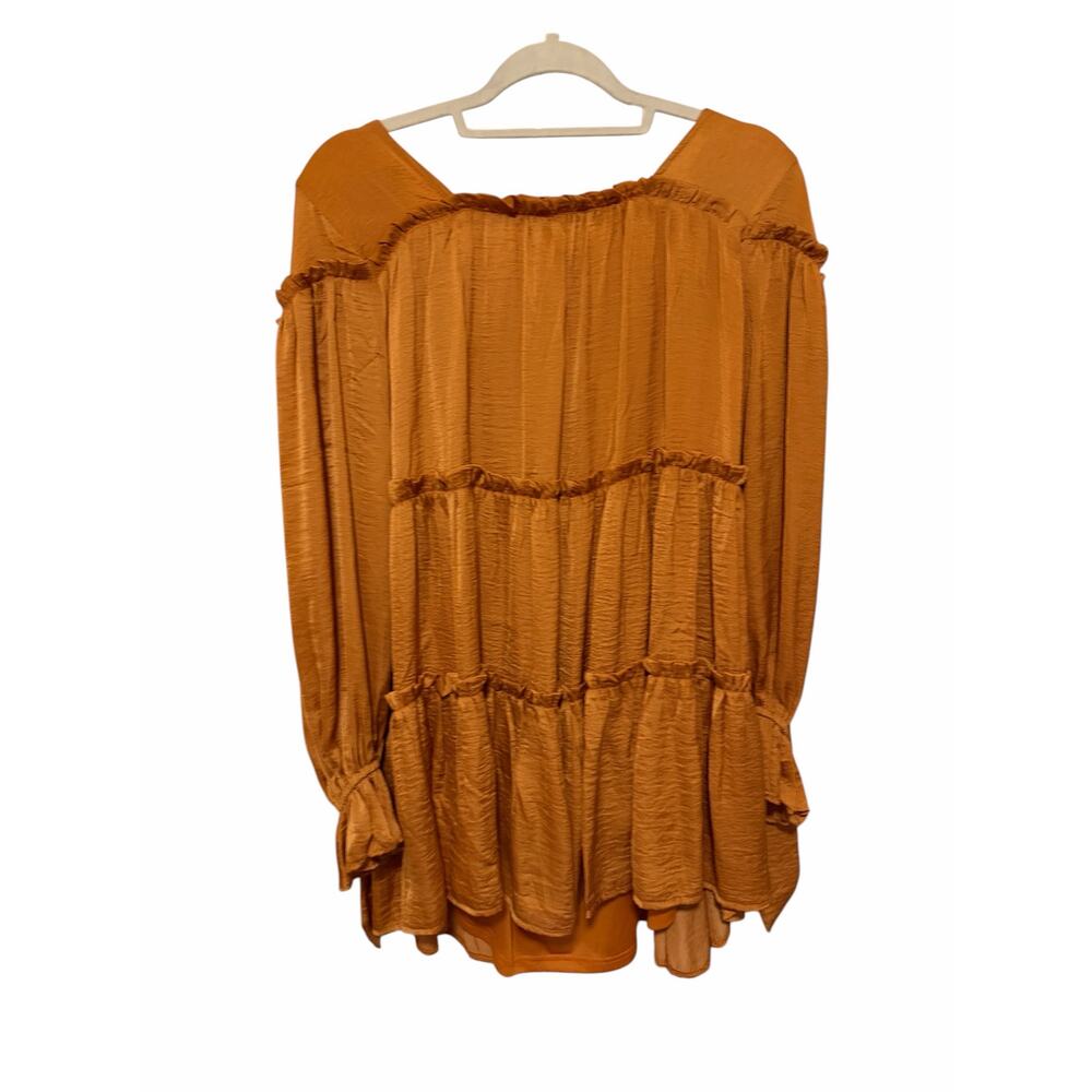 Glam Women’s Small Mustard Orange Long Sleeve Round Neck Ruffled Midi Dress - Picture 7 of 13